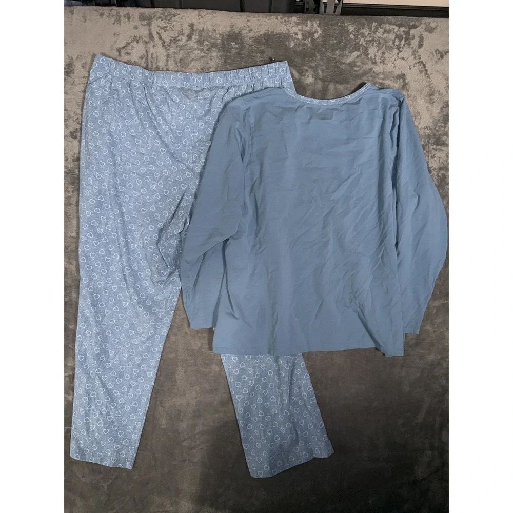 Lands End Womens Pajama Set 2X 20W 22W Blue Hearts Long Sleeve Cotton Spandex